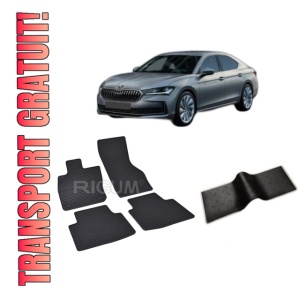 Set 5 covorase SKODA SUPERB IV din 12.2023-PREZENT, cu covoras tunel median, CAROSERIE SEDAN, Presuri cauciuc 100%, compatibil cu autoturismul SKODA SUPERB IV, Rigum