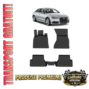 Set covorase Audi A6 C7 din 2011 - 2018, covorase presuri tavita auto, cu tunel median intermediar din cauciuc thermoplastic, 4 Stickere auto cu Audi