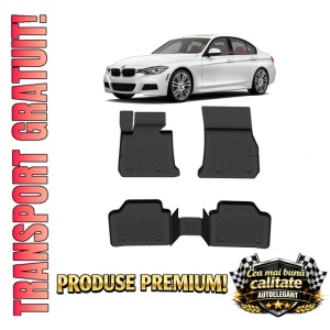 Set covorase BMW Seria 3 F30 din 2012 - 2019, covorase presuri tavita auto, cu tunel median intermediar din cauciuc thermoplastic, 4 Stickere auto cu BMW