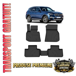 Set covorase BMW X3 G01 din 2017, covorase presuri tavita auto, cu tunel median intermediar din cauciuc thermoplastic, 4 Stickere auto cu BMW
