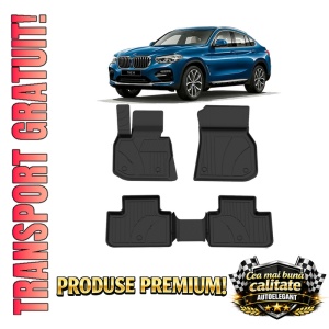 Set covorase BMW X4 G02 din 2018, covorase presuri tavita auto, cu tunel median intermediar din cauciuc thermoplastic, 4 Stickere auto cu BMW