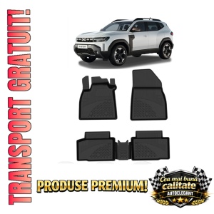 Set covorase Dacia Duster III din 2024 cu statie GPL din fabrica, covorase presuri tavita auto, cu tunel median intermediar din cauciuc thermoplastic, 4 Stickere auto cu Dacia