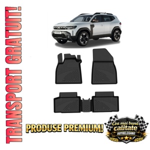 Set covorase Dacia Duster III din 2024 versiunile Full Hybrid, covorase presuri tavita auto, cu tunel median intermediar din cauciuc thermoplastic, 4 Stickere auto cu Dacia