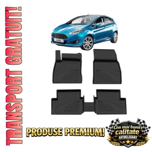 Set covorase Ford Fiesta din 2017, covorase presuri tavita auto, cu tunel median intermediar din cauciuc thermoplastic, 4 Stickere auto cu Ford
