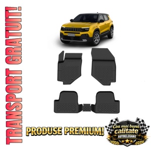 Set covorase JEEP Avenger din 2025, covorase presuri tavita auto, cu tunel median intermediar din cauciuc thermoplastic, 4 Stickere auto cu JEEP