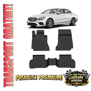 Set covorase Mercedes E-Class W213 din 2016 - 2023, covorase presuri tavita auto, cu tunel median intermediar din cauciuc thermoplastic, 4 Stickere auto cu Mercedes