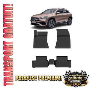 Set covorase Mercedes GLA din 2019, covorase presuri tavita auto, cu tunel median intermediar din cauciuc thermoplastic, 4 Stickere auto cu Mercedes