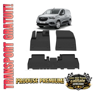 Set covorase Opel Combo Life E din 2018, covorase presuri tavita auto, cu tunel median intermediar din cauciuc thermoplastic, 4 Stickere auto cu Opel