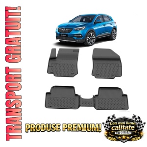 Set covorase Opel Crossland X din 2017-2024, covorase presuri tavita auto, cu tunel median intermediar din cauciuc thermoplastic, 4 Stickere auto cu Opel
