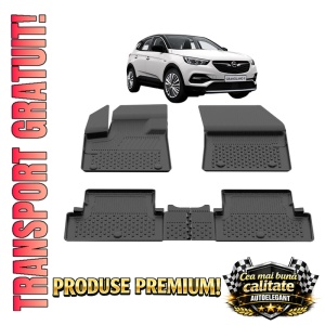 Set covorase Opel Grandland X din 2017-2024, covorase presuri tavita auto, cu tunel median intermediar din cauciuc thermoplastic, 4 Stickere auto cu Opel