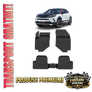 Set covorase Opel Mokka din 2021, covorase presuri tavita auto, cu tunel median intermediar din cauciuc thermoplastic, 4 Stickere auto cu Opel