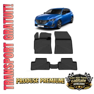 Set covorase Peugeot 308 III din 2021, covorase presuri tavita auto, cu tunel median intermediar din cauciuc thermoplastic, 4 Stickere auto cu Peugeot