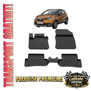 Set covorase Renault Captur I din 2013 - 2019, covorase presuri tavita auto, cu tunel median intermediar din cauciuc thermoplastic, 4 Stickere auto cu Renault