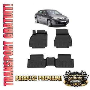 Set covorase Renault Megane II din 2002 - 2008, covorase presuri tavita auto, cu tunel median intermediar din cauciuc thermoplastic, 4 Stickere auto cu Renault