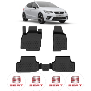 Set covorase Seat Ibiza din 2018, covorase presuri tavita auto, cu tunel median intermediar din cauciuc thermoplastic, 4 Stickere auto cu Seat - Img 2