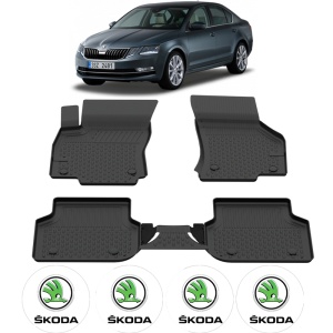 Set covorase Skoda Octavia III din 2013-2020, covorase presuri tavita auto, cu tunel median intermediar din cauciuc thermoplastic, 4 Stickere auto cu Skoda - Img 2