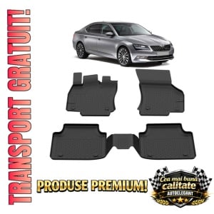 Set covorase Skoda Superb III din 2015-2023, covorase presuri tavita auto, cu tunel median intermediar din cauciuc thermoplastic, 4 Stickere auto cu Skoda