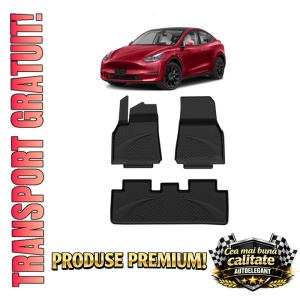 Set covorase Tesla Model Y din 2019-2024, covorase presuri tavita auto, cu tunel median intermediar din cauciuc thermoplastic, 4 Stickere auto cu Tesla