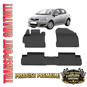 Set covorase Toyota Auris I din 2007 - 2012, covorase presuri tavita auto, cu tunel median intermediar din cauciuc thermoplastic, 4 Stickere auto cu Toyota