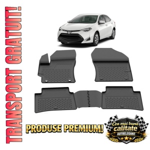Set covorase Toyota Corolla Sedan din 2018, covorase presuri tavita auto, cu tunel median intermediar din cauciuc thermoplastic, 4 Stickere auto cu Toyota