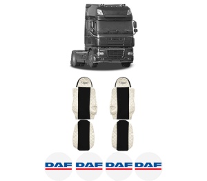 Set Huse Scaune Camion Tir DAF 95 XF din 1997-2002, Auto, Model ELEGANCE Q, Culoare Bej, 4x Stickere auto cu DAF