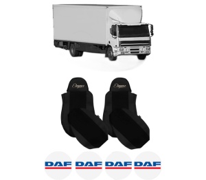 Set Huse Scaune Camion Tir DAF CF 75 din 2001-2013, Auto, Model ELEGANCE S, Culoare Negru, 4x Stickere auto cu DAF