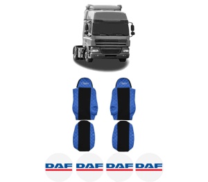 Set Huse Scaune Camion Tir DAF CF 85 din 2001-2020, Auto, Model ELEGANCE Q, Culoare Albastru, 4x Stickere auto cu DAF