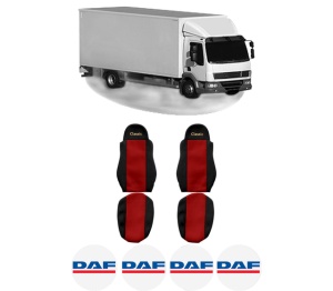Set Huse Scaune Camion Tir DAF LF 45 din 2001-2009, Auto, Model CLASSIC, Culoare Rosu, 4x Stickere auto cu DAF