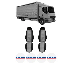 Set Huse Scaune Camion Tir DAF LF 55 din 2001-2009, Auto, Model CLASSIC, Culoare Gri, 4x Stickere auto cu DAF