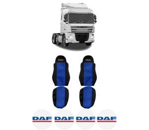Set Huse Scaune Camion Tir DAF XF 105 din 2005-2013, Auto, Model CLASSIC, Culoare Albastru, 4x Stickere auto cu DAF