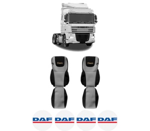 Set Huse Scaune Camion Tir DAF XF 105 din 2005-2013, Auto, Model CLASSIC, Culoare Gri, 4x Stickere auto cu DAF