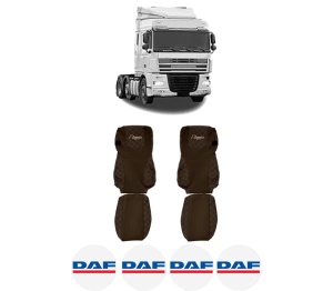 Set Huse Scaune Camion Tir DAF XF 105 din 2005-2013, Auto, Model ELEGANCE Q, Culoare Maro, 4x Stickere auto cu DAF