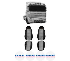 Set Huse Scaune Camion Tir DAF XF 95 din 2002-2006, Auto, Model CLASSIC, Culoare Gri, 4x Stickere auto cu DAF