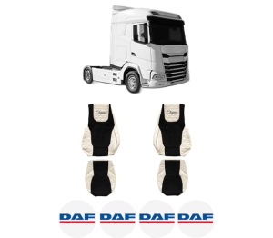 Set Huse Scaune Camion Tir DAF XG+ din 2021, Auto, Model ELEGANCE Q, Culoare Sampanie, 4x Stickere auto cu DAF