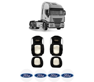 Set Huse Scaune Camion Tir FORD STRALIS II din 2012-2017, Auto, Model CLASSIC, Culoare Sampanie, 4x Stickere auto cu FORD