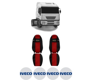 Set Huse Scaune Camion Tir Iveco STRALIS I din 2002-2013, Auto, Model CLASSIC, Culoare Rosu, 4x Stickere auto cu Iveco