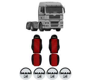 Set Huse Scaune Camion Tir MAN TGA din 1999-2012, Auto, Model CLASSIC, Culoare Rosu, 4x Stickere auto cu MAN