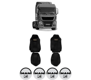 Set Huse Scaune Camion Tir MAN TGX I din 2006-2021, Auto, Model CLASSIC, Culoare Negru, 4x Stickere auto cu MAN