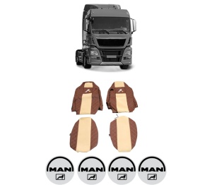 Set Huse Scaune Camion Tir MAN TGX I din 2006-2021, Auto, Model ELEGANCE Q, Culoare Bej, 4x Stickere auto cu MAN