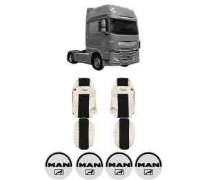 Set Huse Scaune Camion Tir MAN XF 106 din 2012-2017, Auto, Model ELEGANCE Q, Culoare Bej, 4x Stickere auto cu MAN