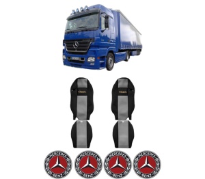 Set Huse Scaune Camion Tir MERCEDES-BENZ ACTROS MP2 / MP3 din 2002-2009, Auto, Model CLASSIC, Culoare Gri, 4x Stickere auto cu MERCEDES-BENZ