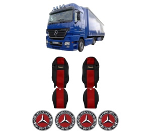 Set Huse Scaune Camion Tir MERCEDES-BENZ ACTROS MP2 / MP3 din 2002-2009, Auto, Model CLASSIC, Culoare Rosu, 4x Stickere auto cu MERCEDES-BENZ