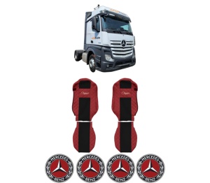 Set Huse Scaune Camion Tir MERCEDES-BENZ ACTROS MP4 / MP5 din 2011-2024, Auto, Model ELEGANCE Q, Culoare Rosu, 4x Stickere auto cu MERCEDES-BENZ