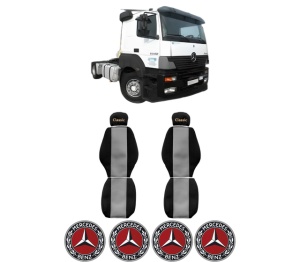 Set Huse Scaune Camion Tir MERCEDES-BENZ AXOR din 2002-2004, Auto, Model CLASSIC, Culoare Gri, 4x Stickere auto cu MERCEDES-BENZ