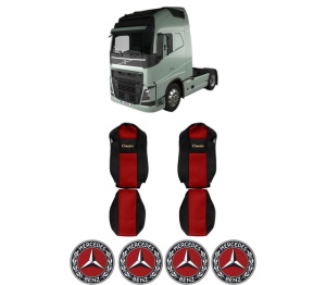 Set Huse Scaune Camion Tir MERCEDES-BENZ FH II din 2012-2017, Auto, Model CLASSIC, Culoare Rosu, 4x Stickere auto cu MERCEDES-BENZ