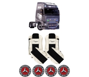 Set Huse Scaune Camion Tir MERCEDES-BENZ FH16 II din 2012-2014, Auto, Model ELEGANCE S, Culoare Sampanie, 4x Stickere auto cu MERCEDES-BENZ