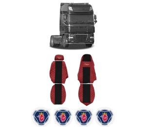 Set Huse Scaune Camion Tir SCANIA 95 XF din 1997-2002, Auto, Model ELEGANCE Q, Culoare Rosu, 4x Stickere auto cu SCANIA