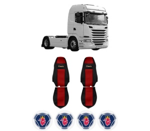 Set Huse Scaune Camion Tir SCANIA G I din 2003-2019, Auto, Model CLASSIC, Culoare Rosu, 4x Stickere auto cu SCANIA