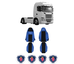 Set Huse Scaune Camion Tir SCANIA G I din 2003-2019, Auto, Model ELEGANCE Q, Culoare Albastru, 4x Stickere auto cu SCANIA