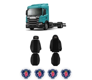 Set Huse Scaune Camion Tir SCANIA G II din 2017-2023, Auto, Model ELEGANCE Q, Culoare Negru, 4x Stickere auto cu SCANIA